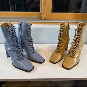 Lot of Two Pair Zara Blue and Tan Lace Up and Zip Leather Boots